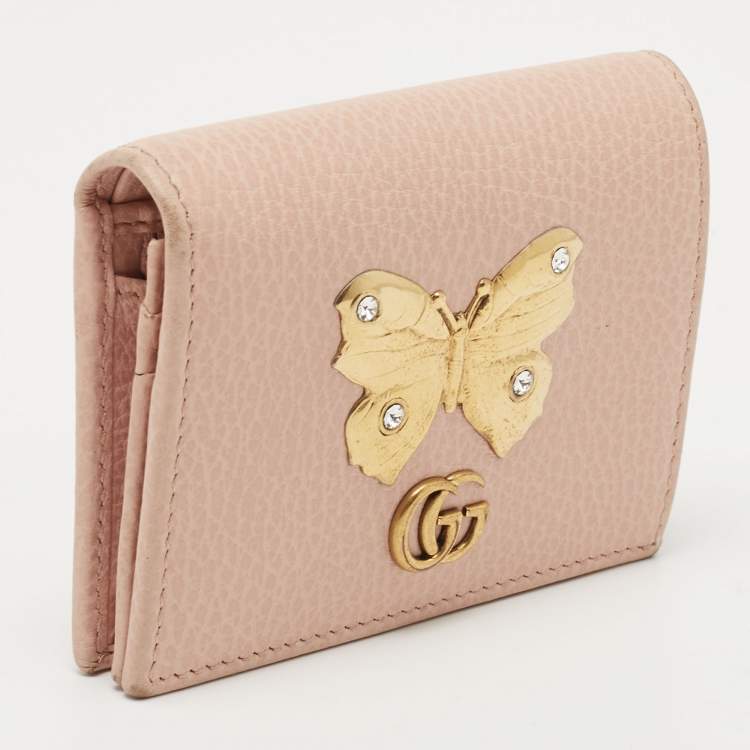 Pre Owned Gucci Light Pink Leather Butterfly Embellished Flap Card Case 