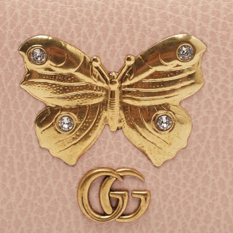 Pre Owned Gucci Light Pink Leather Butterfly Embellished Flap Card Case 