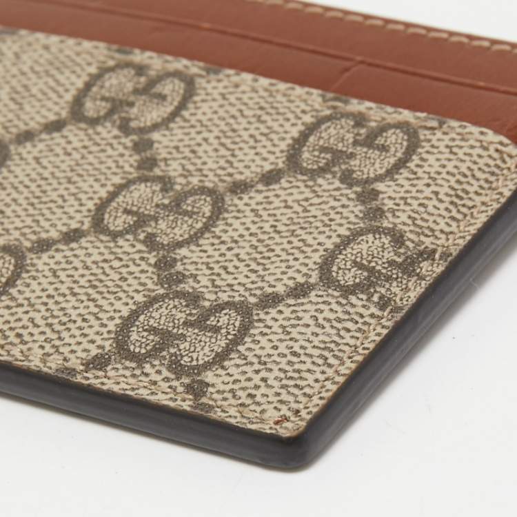 Pre Owned Gucci Beige/Tan GG Supreme Canvas and Leather Card Holder  