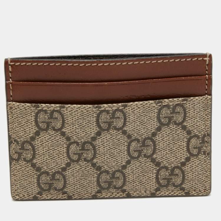 Pre Owned Gucci Beige/Tan GG Supreme Canvas and Leather Card Holder  