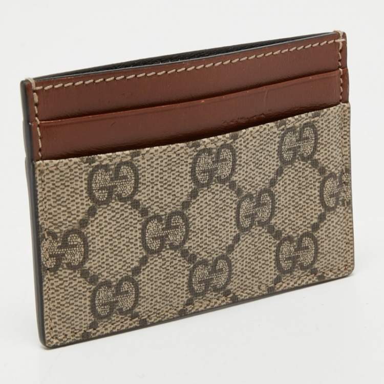 Pre Owned Gucci Beige/Tan GG Supreme Canvas and Leather Card Holder  
