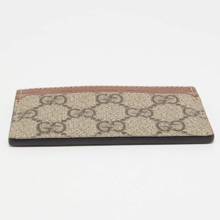 Pre Owned Gucci Beige/Tan GG Supreme Canvas and Leather Card Holder  