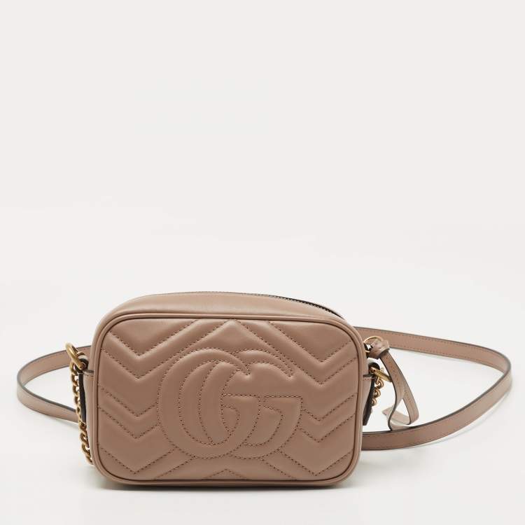Pre Owned Gucci Beige Matelassé Leather Mini GG Marmont Camera Bag