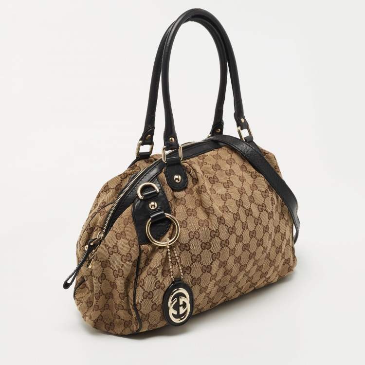 Pre Owned Gucci Beige/Black GG Canvas and Leather Medium Sukey Hobo