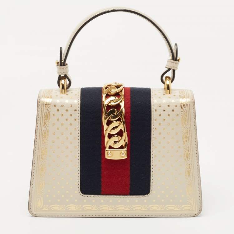 Pre Owned Gucci Off White Star Print Leather Mini Sylvie Top Handle Bag