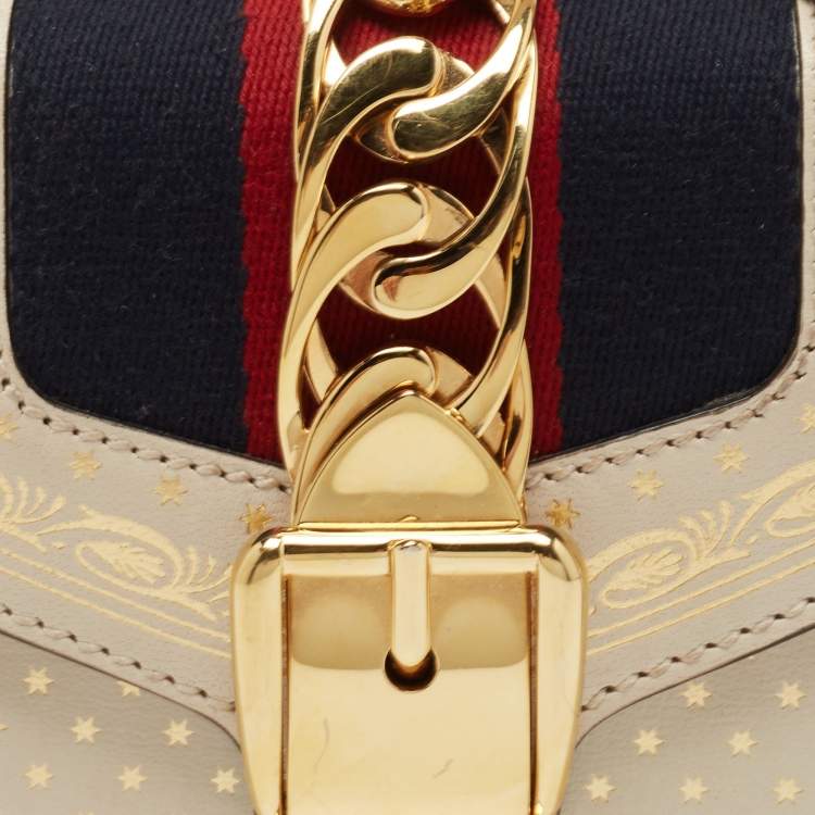 Pre Owned Gucci Off White Star Print Leather Mini Sylvie Top Handle Bag