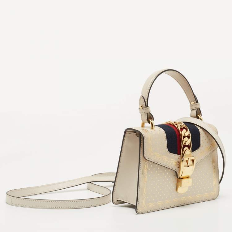 Pre Owned Gucci Off White Star Print Leather Mini Sylvie Top Handle Bag