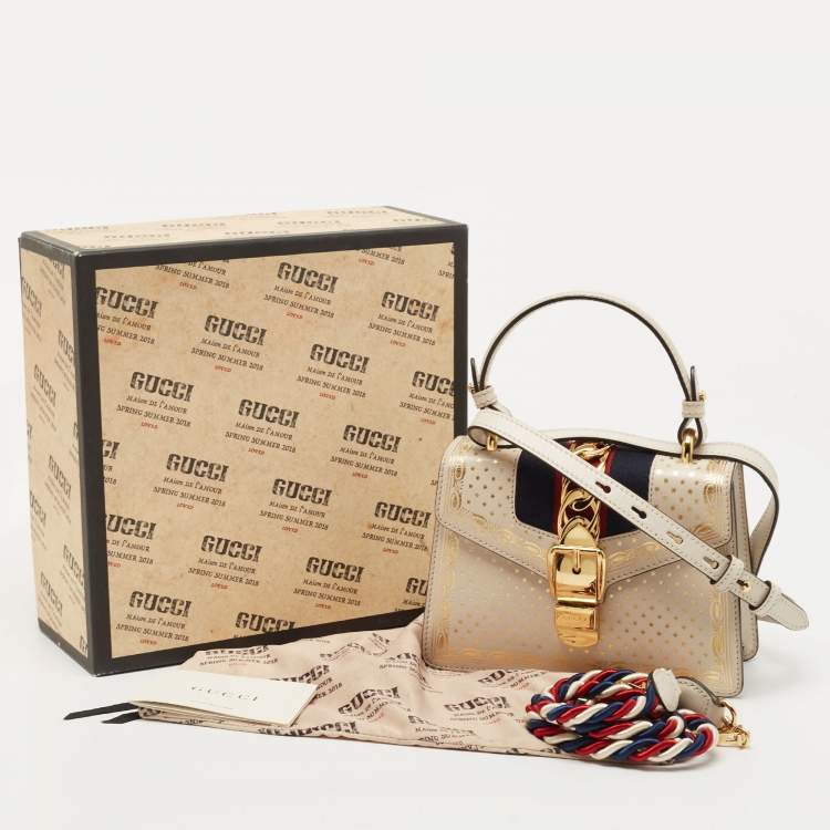 Pre Owned Gucci Off White Star Print Leather Mini Sylvie Top Handle Bag
