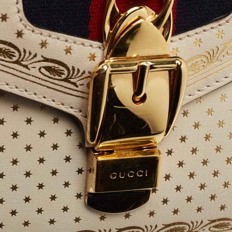 Pre Owned Gucci Off White Star Print Leather Mini Sylvie Top Handle Bag
