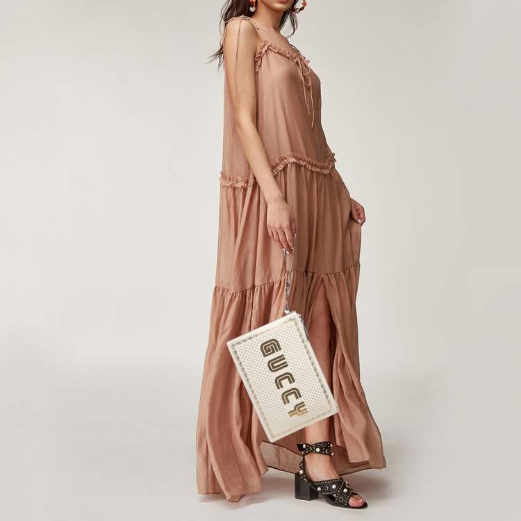 Pre Owned Gucci Off White/Gold Leather Guccy Zip Wristlet Pouch