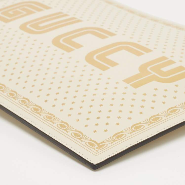 Pre Owned Gucci Off White/Gold Leather Guccy Zip Wristlet Pouch