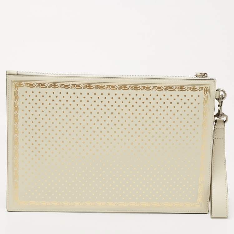 Pre Owned Gucci Off White/Gold Leather Guccy Zip Wristlet Pouch