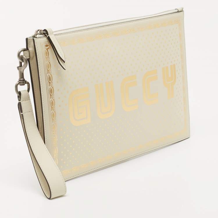 Pre Owned Gucci Off White/Gold Leather Guccy Zip Wristlet Pouch