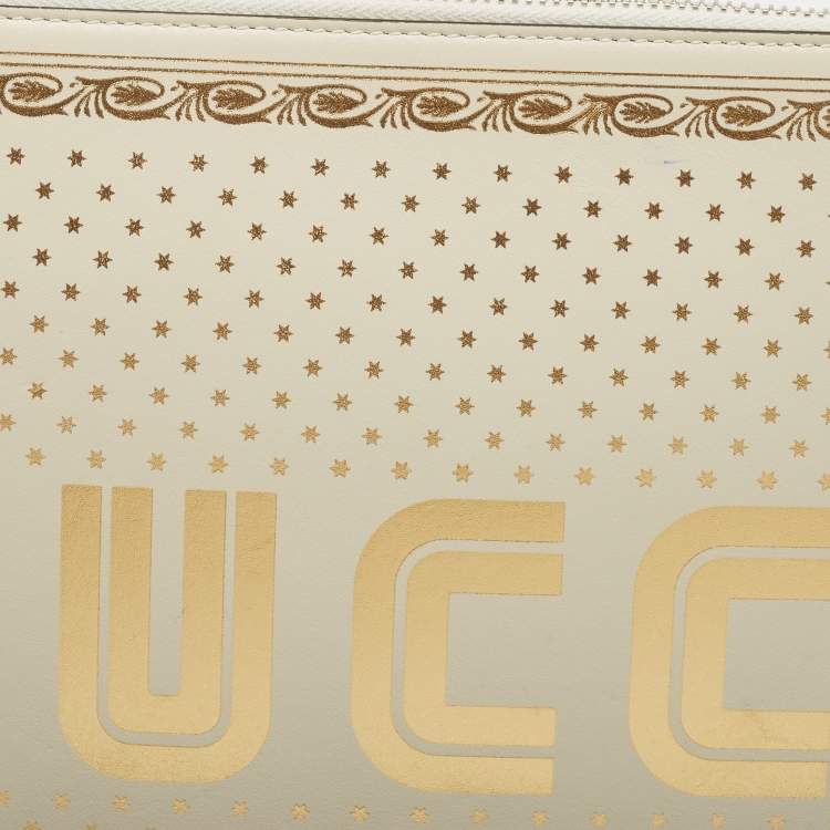 Pre Owned Gucci Off White/Gold Leather Guccy Zip Wristlet Pouch