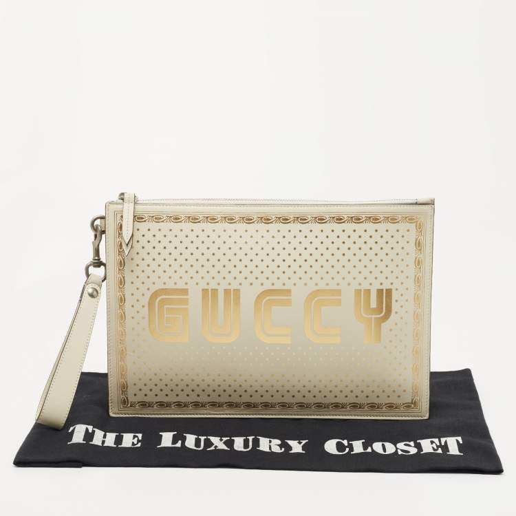 Pre Owned Gucci Off White/Gold Leather Guccy Zip Wristlet Pouch