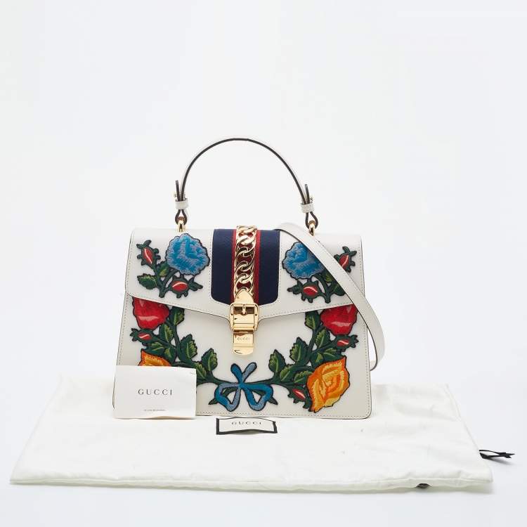 Pre Owned Gucci White Leather Floral Embroidered Medium Sylvie Top Handle Bag