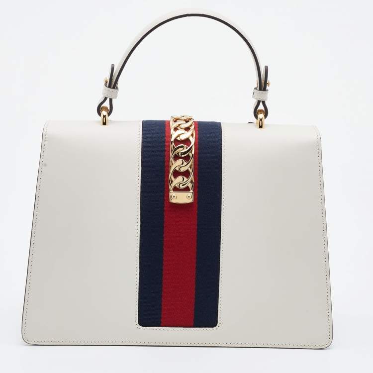 Pre Owned Gucci White Leather Floral Embroidered Medium Sylvie Top Handle Bag