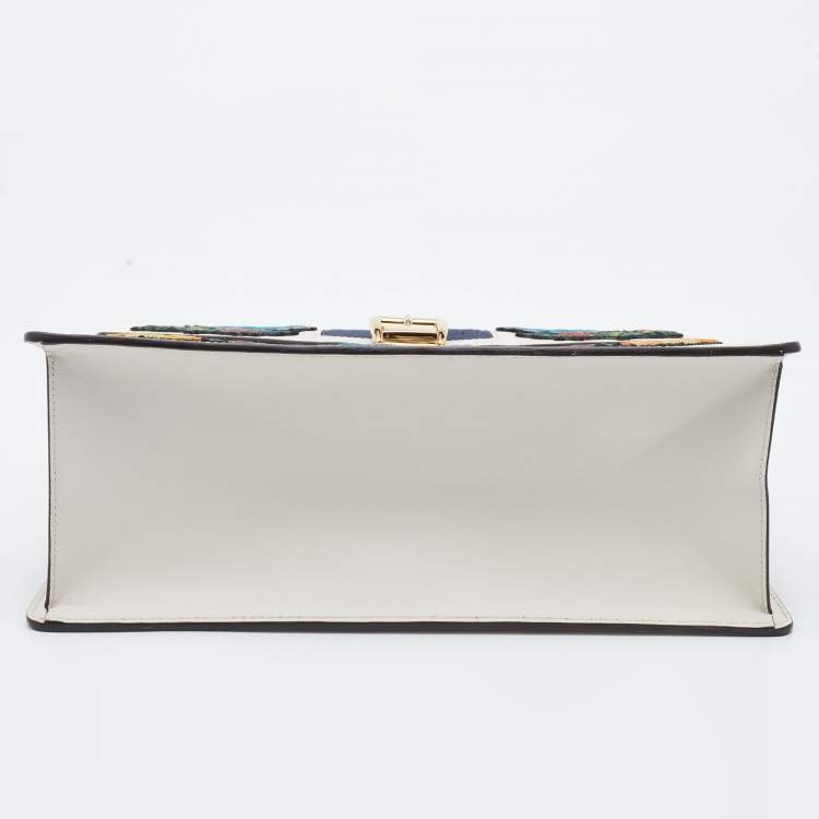 Pre Owned Gucci White Leather Floral Embroidered Medium Sylvie Top Handle Bag