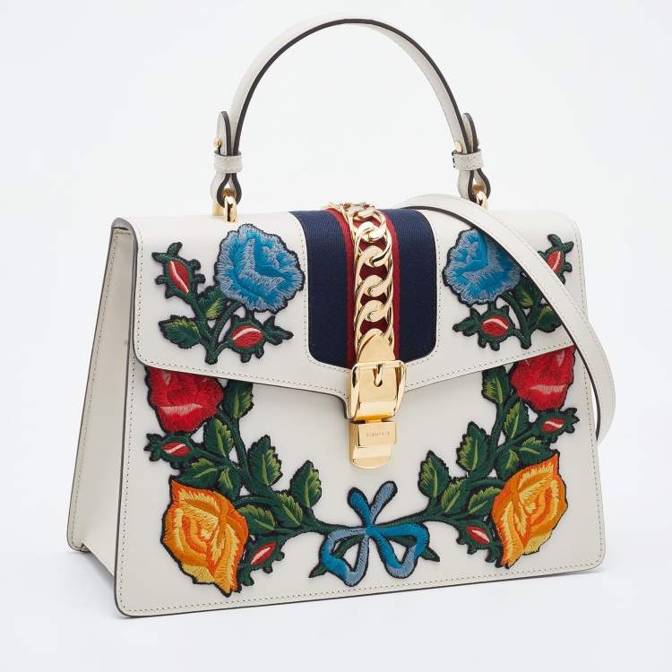 Pre Owned Gucci White Leather Floral Embroidered Medium Sylvie Top Handle Bag