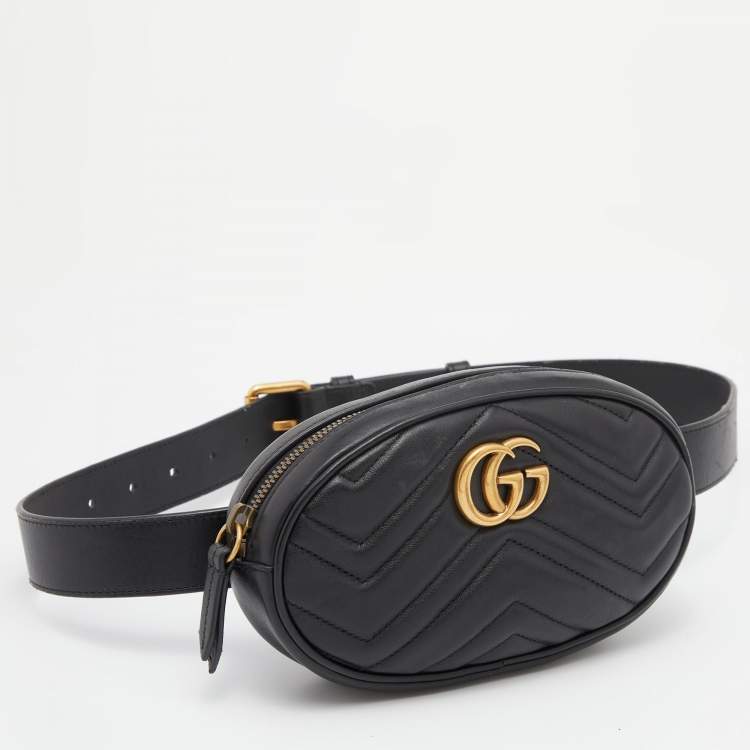 Pre Owned Gucci Black Matelassé Leather GG Marmont Belt Bag