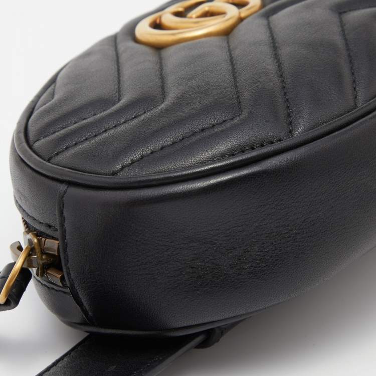 Pre Owned Gucci Black Matelassé Leather GG Marmont Belt Bag
