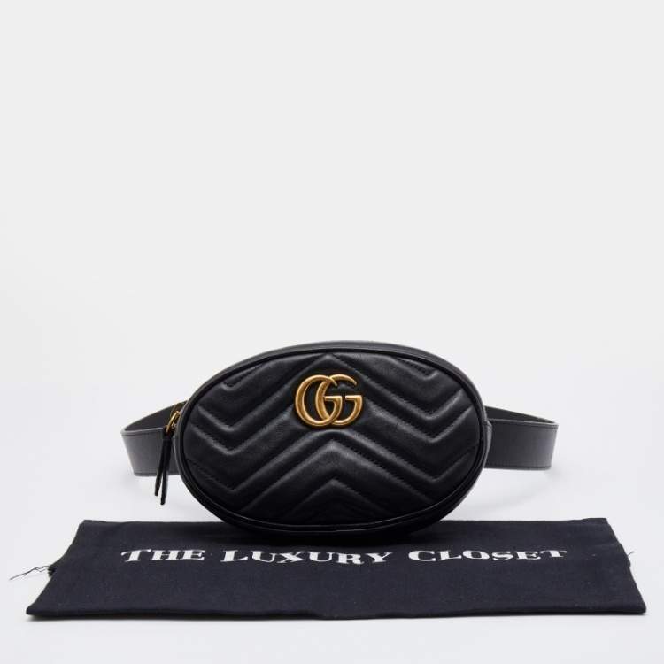 Pre Owned Gucci Black Matelassé Leather GG Marmont Belt Bag