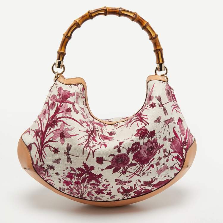 Pre Owned Gucci Multicolor Floral Print Canvas and Leather Peggy Bamboo Handle Hobo