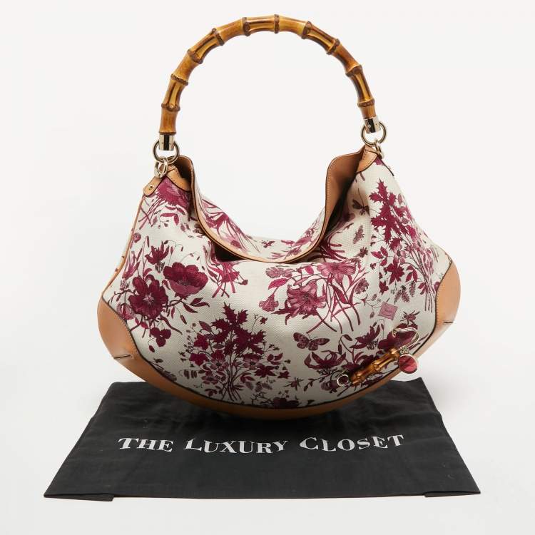 Pre Owned Gucci Multicolor Floral Print Canvas and Leather Peggy Bamboo Handle Hobo