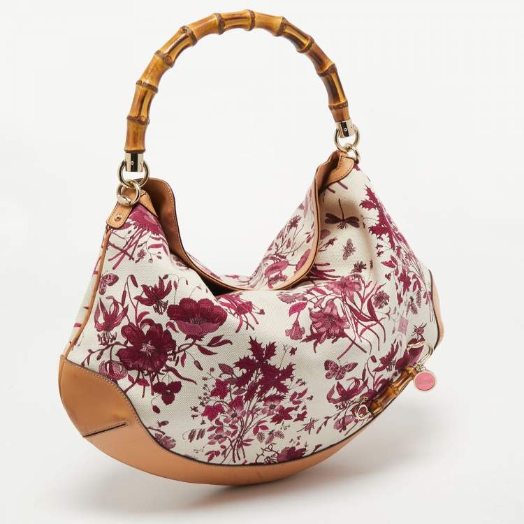 Pre Owned Gucci Multicolor Floral Print Canvas and Leather Peggy Bamboo Handle Hobo