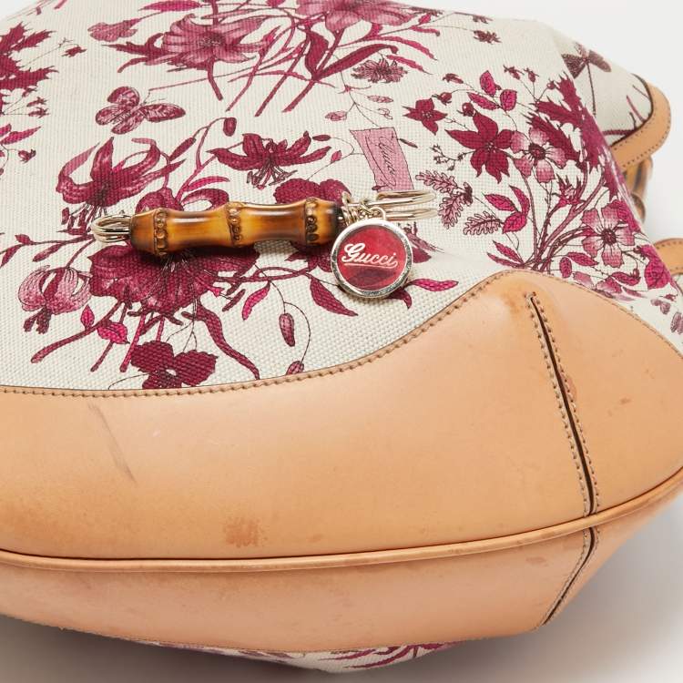Pre Owned Gucci Multicolor Floral Print Canvas and Leather Peggy Bamboo Handle Hobo