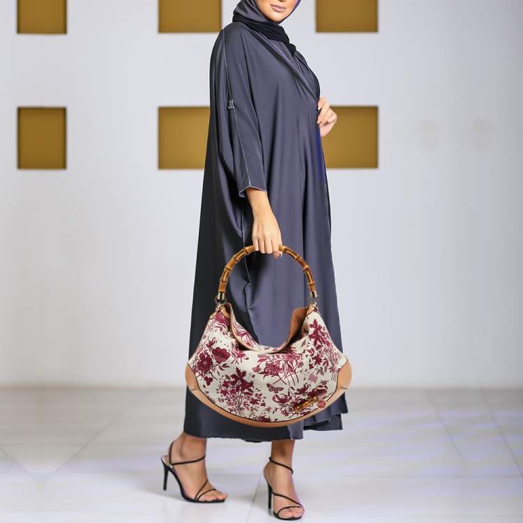 Pre Owned Gucci Multicolor Floral Print Canvas and Leather Peggy Bamboo Handle Hobo