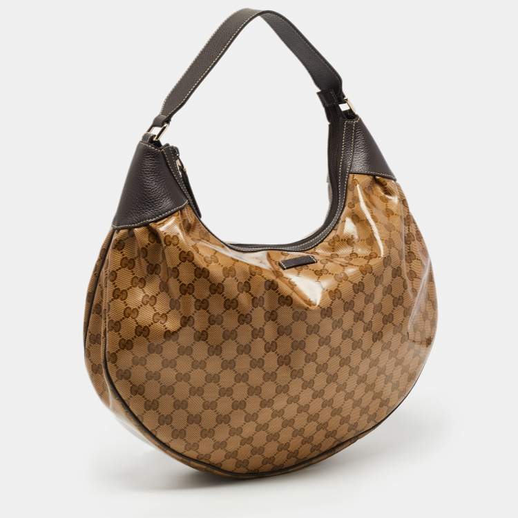 Pre Owned Gucci Ebony/Brown GG Crystal Canvas Large Signature Hobo