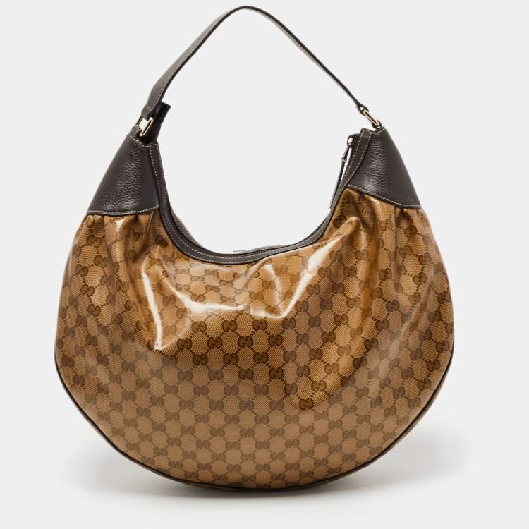 Pre Owned Gucci Ebony/Brown GG Crystal Canvas Large Signature Hobo