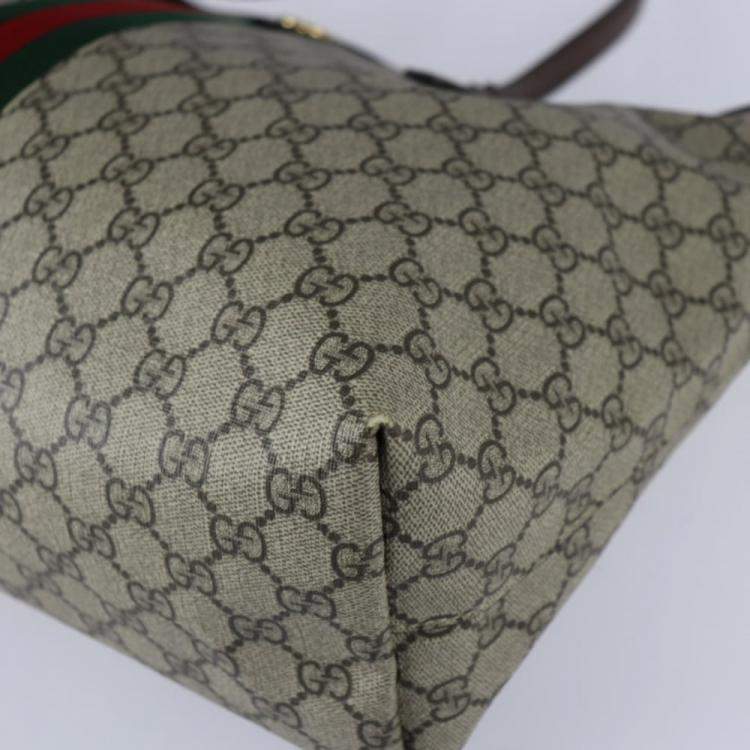 Pre Owned Gucci Beige Coated Canvas Leather Medium GG Ophidia Tote Bag 