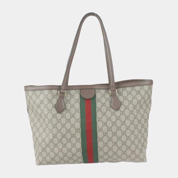Pre Owned Gucci Beige Coated Canvas Leather Medium GG Ophidia Tote Bag 