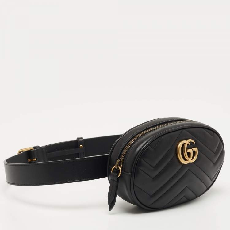 Pre Owned Gucci Black Matelassé Leather GG Marmont Belt Bag