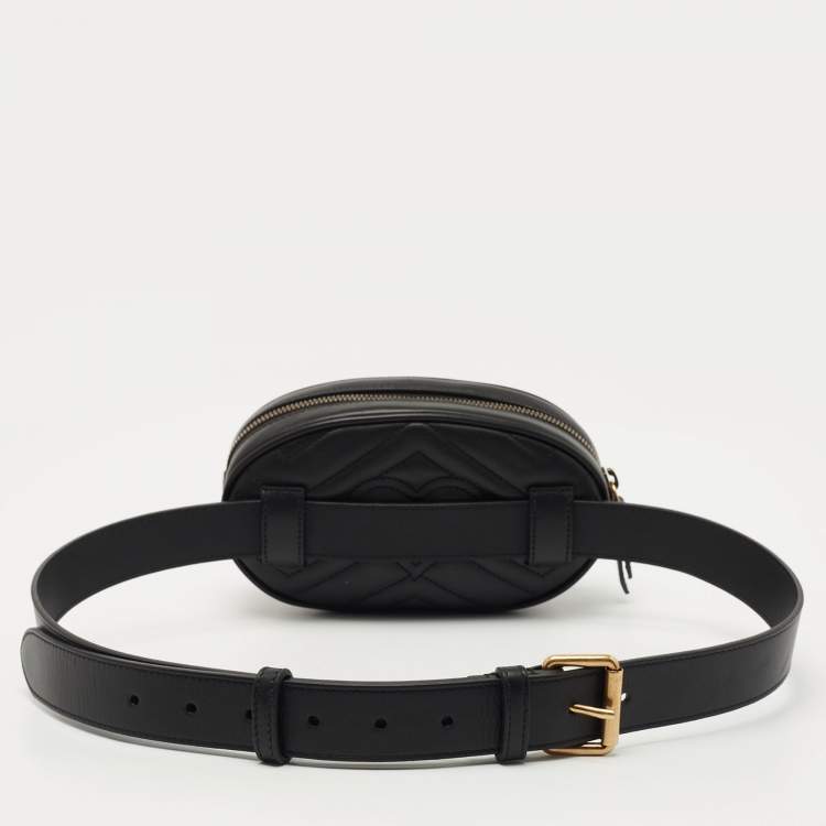 Pre Owned Gucci Black Matelassé Leather GG Marmont Belt Bag