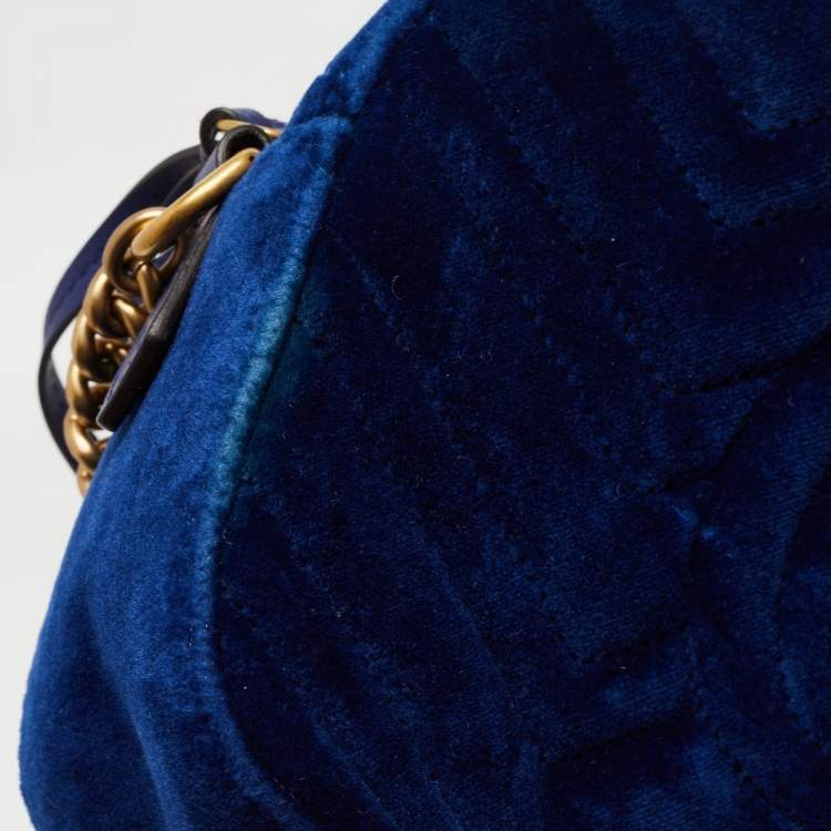 Pre Owned Gucci Blue Matelasse Velvet Small GG Marmont Shoulder Bag
