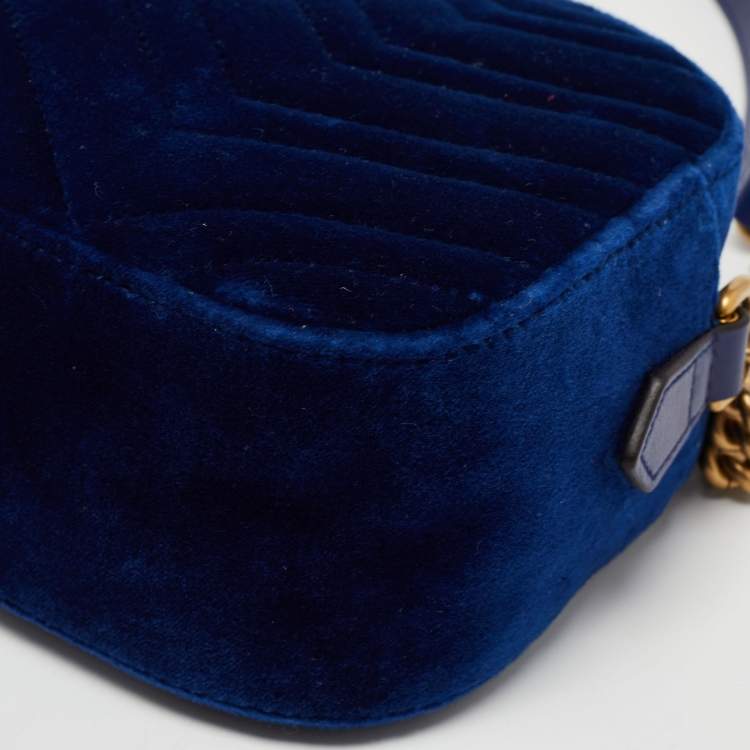 Pre Owned Gucci Blue Matelasse Velvet Small GG Marmont Shoulder Bag