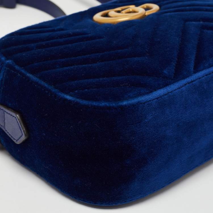 Pre Owned Gucci Blue Matelasse Velvet Small GG Marmont Shoulder Bag