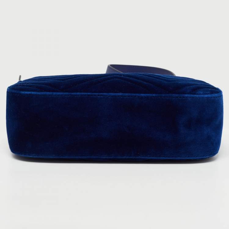 Pre Owned Gucci Blue Matelasse Velvet Small GG Marmont Shoulder Bag