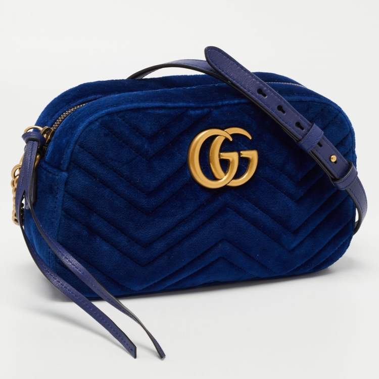 Pre Owned Gucci Blue Matelasse Velvet Small GG Marmont Shoulder Bag