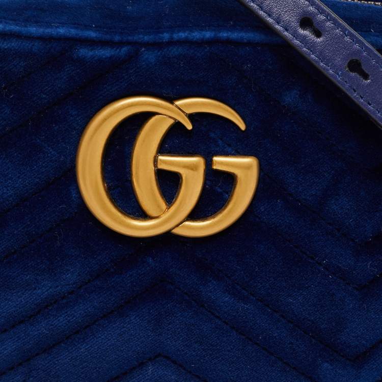 Pre Owned Gucci Blue Matelasse Velvet Small GG Marmont Shoulder Bag