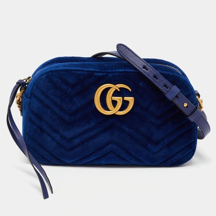 Pre Owned Gucci Blue Matelasse Velvet Small GG Marmont Shoulder Bag