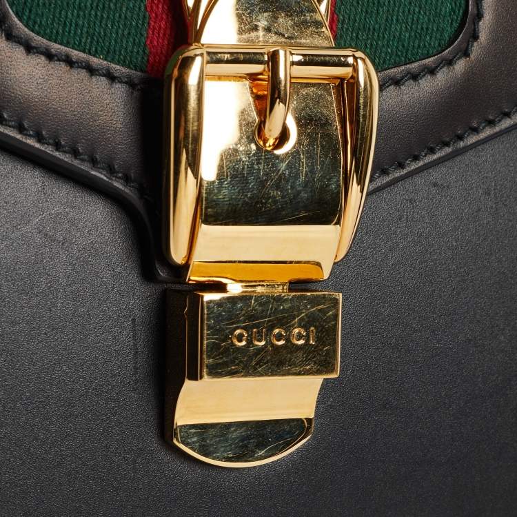 Pre Owned Gucci Black Leather Mini Web Chain Sylvie Top Handle Bag