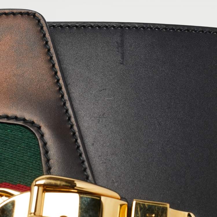 Pre Owned Gucci Black Leather Mini Web Chain Sylvie Top Handle Bag