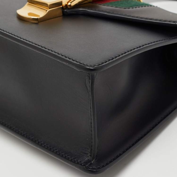 Pre Owned Gucci Black Leather Mini Web Chain Sylvie Top Handle Bag