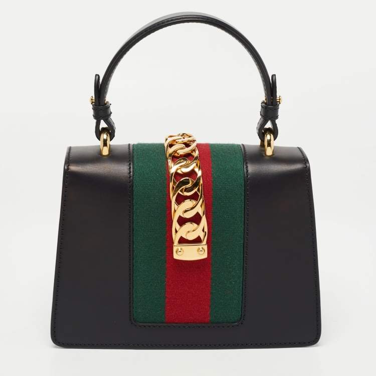Pre Owned Gucci Black Leather Mini Web Chain Sylvie Top Handle Bag
