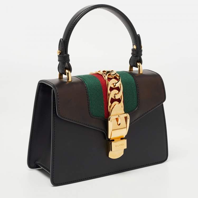 Pre Owned Gucci Black Leather Mini Web Chain Sylvie Top Handle Bag
