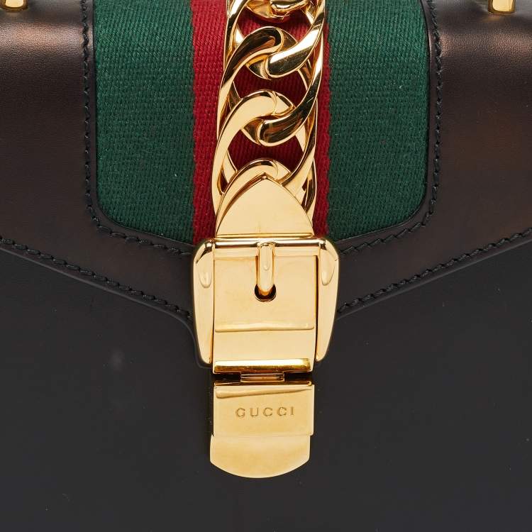Pre Owned Gucci Black Leather Mini Web Chain Sylvie Top Handle Bag